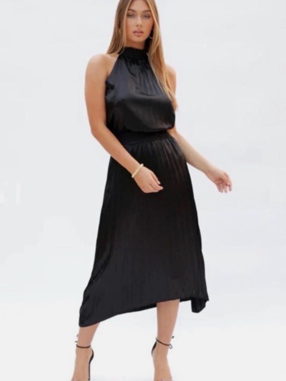 Bishop + Young Black High Neck Satin Maxi Dress NWT